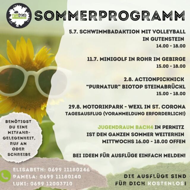 Ab morgen startet unser Sommerprogramm im Piestingtal! 🍉😎🤙
#rumtrieb #mobilejugendarbeit #piestingtal #sommer #ferien #sommersonnesonnenschein